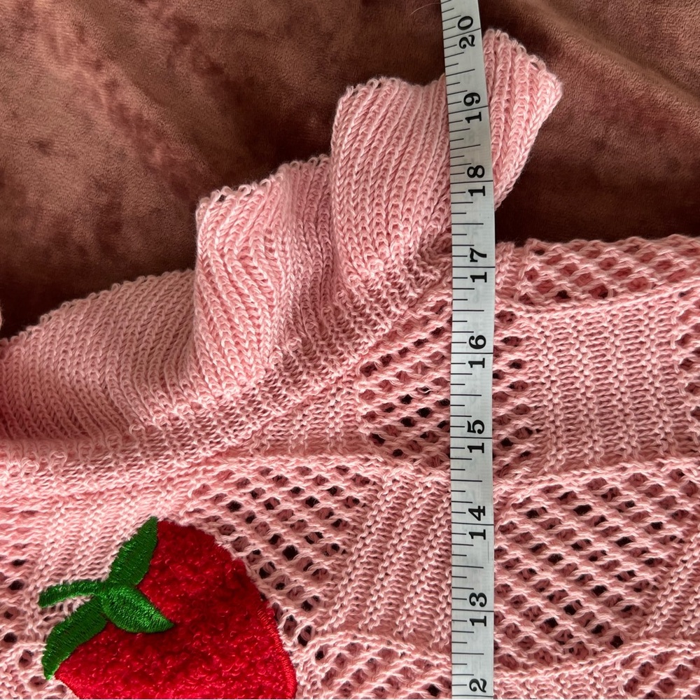 Pink Knit Sweater with Red Strawberry Design Sz Small Flutter Sleeve Soft Cozy - Picture 9 of 10